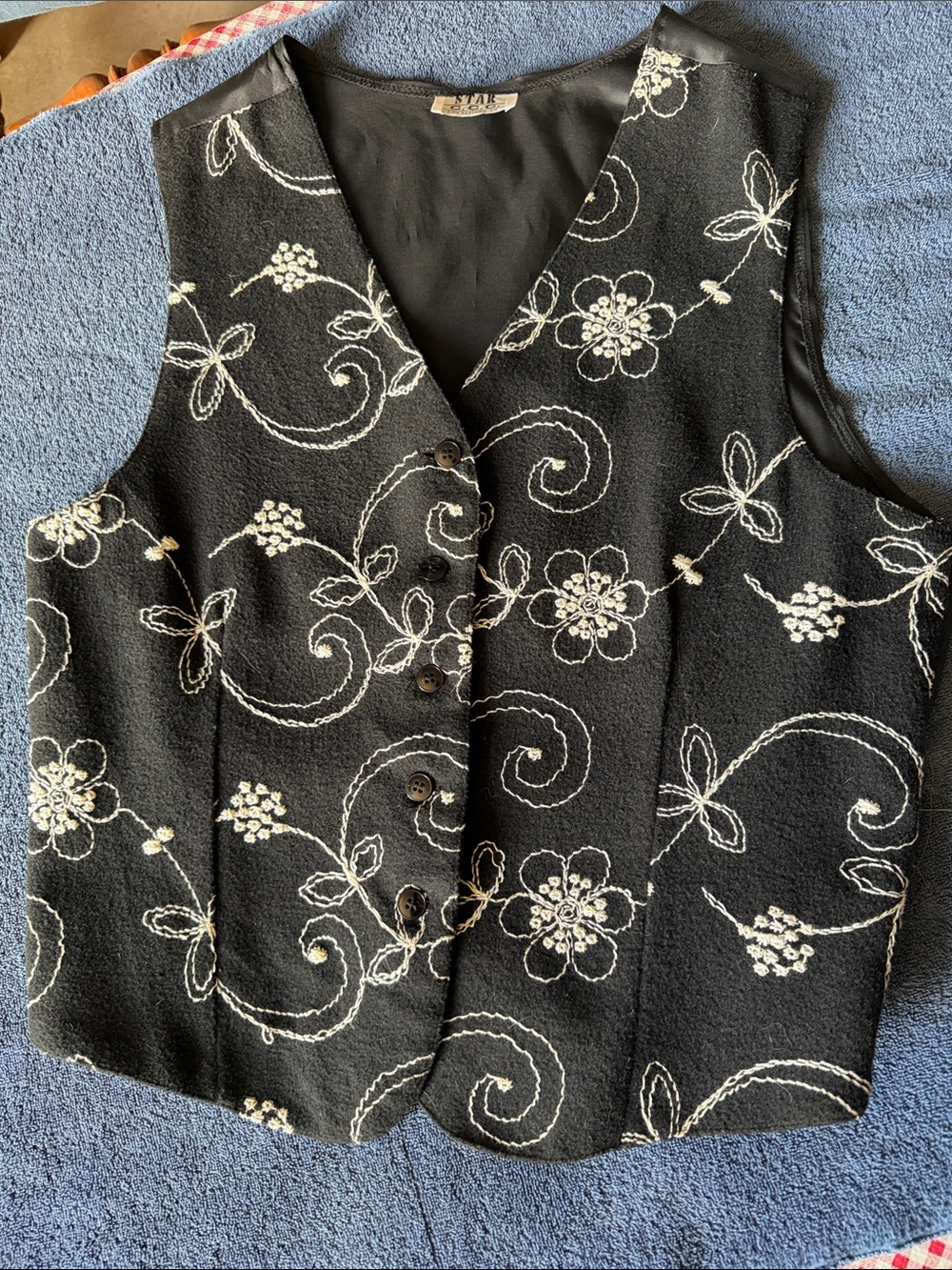 Embroidered Black Floral Button-Front Vest